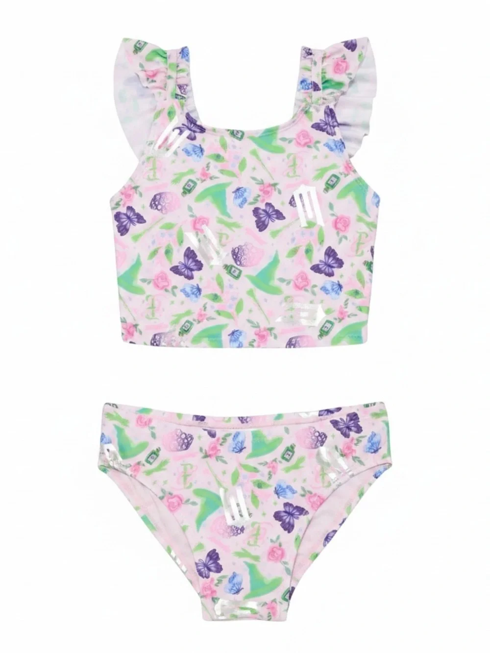 Floral Ruffle-Shoulder Tankini Set in Pastel Pink New